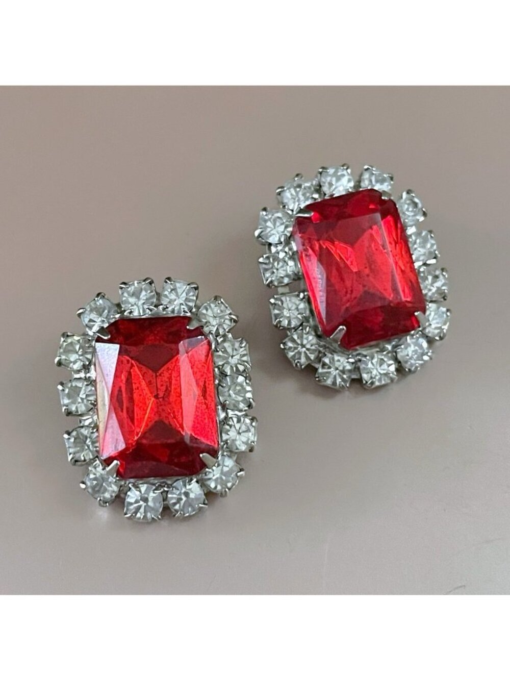 Vintage 1950s Rhinestone Earrings Red Chunky Emerald Cut Glass Clip On Statement